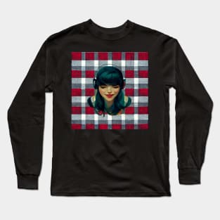 Girl listening to her music on headphones on a plaid background. Long Sleeve T-Shirt